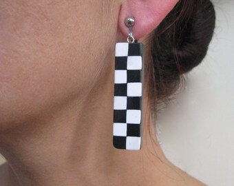 Clip on earrings checker Bar earrings for her Black white earrings Drop earrings for women Geometric jewelry Cute earrings Simple earrings