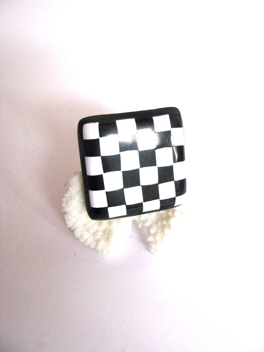 Chunky Black White Checker Ring Geometric Ring Adjustable Ring Hippie ...