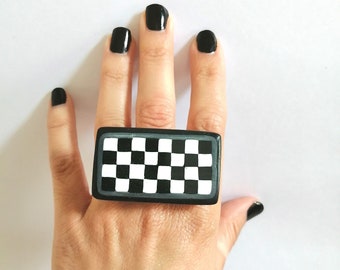 Chunky checker ring Geometric statement minimalist bar ring Handmade black white checker ring Unusual big festival jewelry ring for women