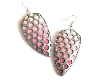 Statement drop big earrings Silver pink earrings Big earrings Earrings for women Modern earrings Geometric polka dot  earrings jewelry gift