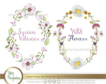 5 Watercolor Floral wreaths Frames Wedding Elements, Clipart, PNG, Vintage Flowers, spring, Rustic, arrangement, bouquet, for invitations