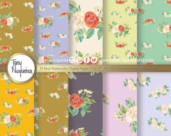 Watercolor floral Digital Paper hand painted, watercolor Digital paper, Country, wild flowers digital papers, floral patterns, floral design