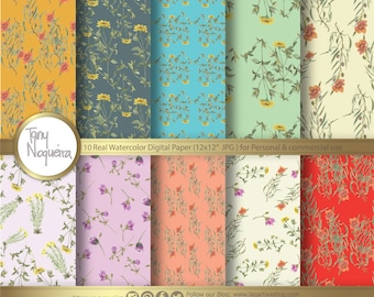 Wild Flowers Patterns Floral Watercolor Shabby Chic, Vintage, Digital Paper, Flowers, Pink, peach, Yellow, blog backgrounds