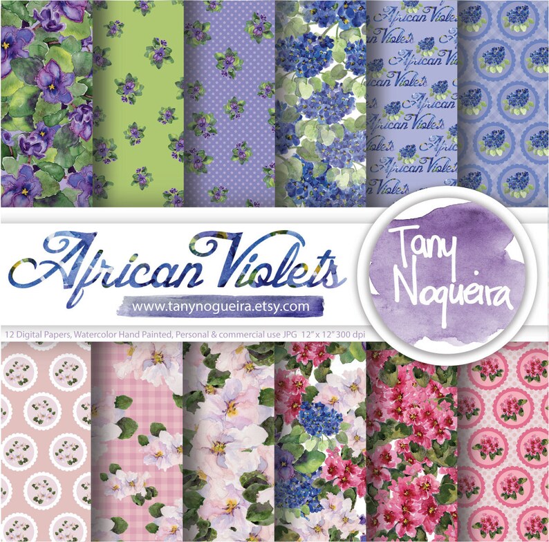 African Violets Digital Paper Images Watercolor Hand Painted Purple ...