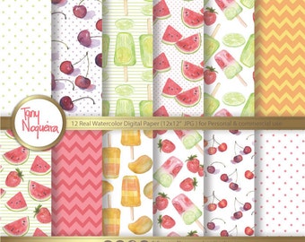 Watermelon Ice Pop, Popsicle, Organic, fruits, strawberry, cherries, mango, limes, hand painted, Digital paper,  freeze pop, fresh