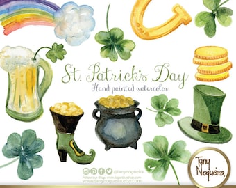 St. Patrick's Day Watercolor Clipart Shamrocks Rainbow Pot of  Gold Coins  PNG hand painted,  for invitations, blog, cards, quotes, prints,