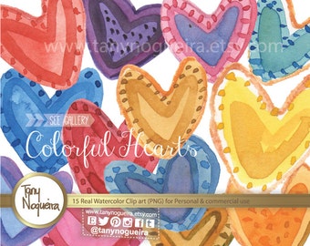 Colorful Hearts, Love, Valentine, Friends clip art images watercolor hand painted PNG transparent background for blog cards invitations