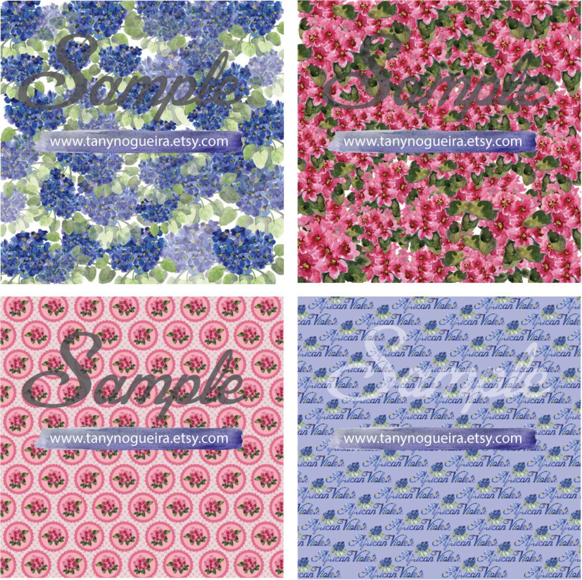 African Violets Digital Paper Images Watercolor Hand Painted Purple ...