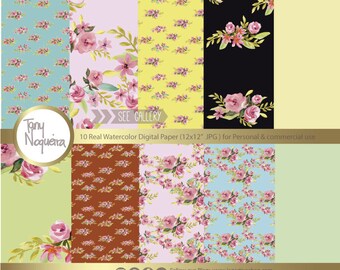 Sweet Pink Patterns Floral Watercolor Shabby Chic, Vintage, Digital Paper, Flowers, Pink, peach, Yellow, blog backgrounds