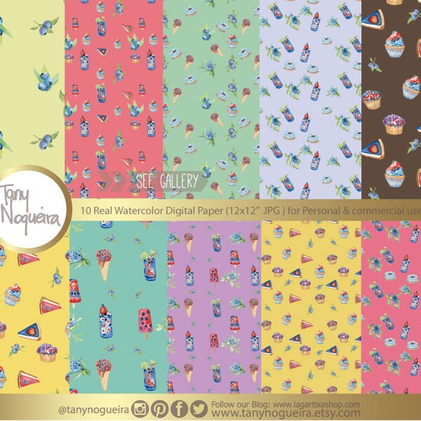 Blueberries Watercolor 10 Digital Papers Ice Pop, Popsicle, Muffins, Organic, fruits, hand painted, Digital paper,  freeze pop, fresh