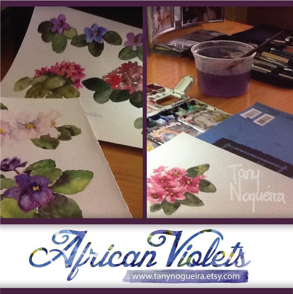 African Violets Digital Paper Images Watercolor Hand Painted Purple ...
