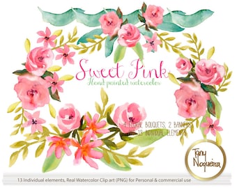 Sweet Pink Watercolor Design Kit 4 arrangements and 13 Floral Wedding Elements, Clipart, PNG,  Rustic,  posies, bouquets, for invitations