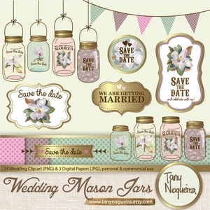 Magnolia clip art Wedding Mason Jars save the date Bunting Frames Gold Digital Paper watercolor PNG white flower for blog cards invitations image 1