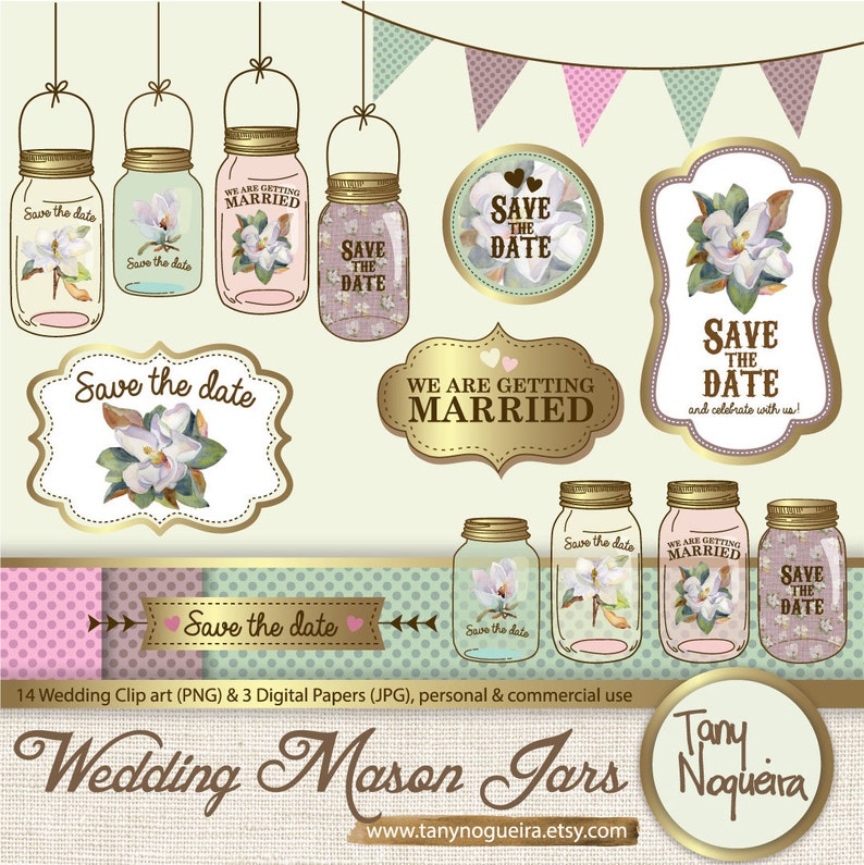 Magnolia clip art Wedding Mason Jars save the date Bunting Frames Gold Digital Paper watercolor PNG white flower for blog cards invitations image 1