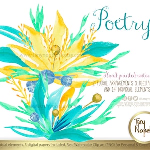 Poetry, Watercolor Floral Wedding Elements, Clipart, PNG, and 3 Digital Papers 12 x 12 JPG Frames, posies, bouquet, for invitations image 1