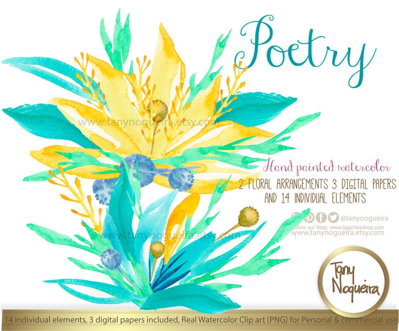 Poetry, Watercolor Floral Wedding Elements, Clipart, PNG, and 3 Digital Papers 12 x 12 JPG Frames, posies, bouquet, for invitations image 1
