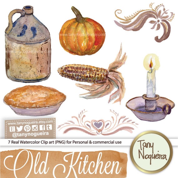 Download Old Kitchen Shabby Chic Thanksgiving Pumpkin Pie Candle Clip Art Images Watercolor Hand Painted Png And