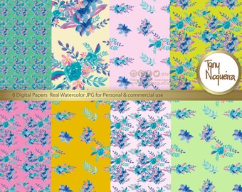 Watercolor blue floral Digital Paper hand painted, watercolor Digital paper, wild flowers digital papers, floral paterns, floral design