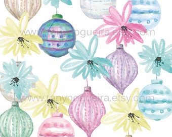 Happy Christmas Collection,  watercolor elements, hand painted , rustic, turquoise, pink, blue, silver and gold ,