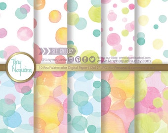 Polka dots Watercolor Digital Paper Watercolour, bubbles, Pink, Turquoise, Yellow, Orange, green, blog backgrounds,, baby shower, baptism