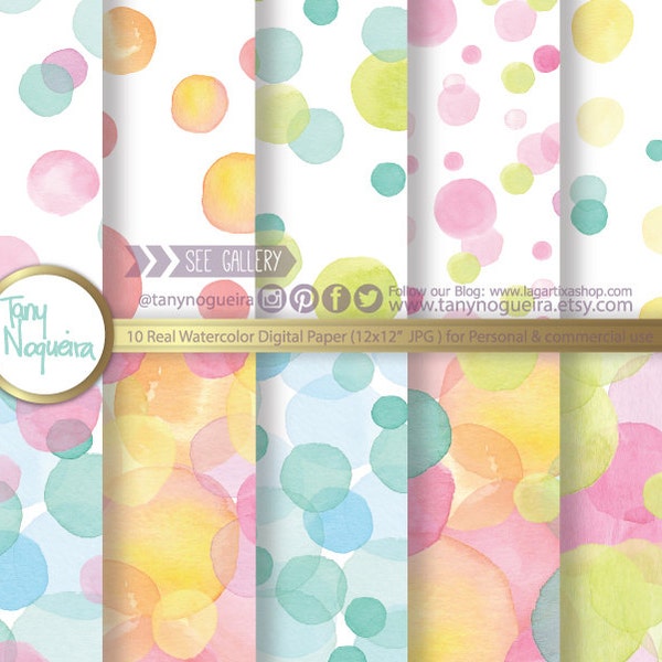 Polka dots Watercolor Digital Paper Watercolour, bubbles, Pink, Turquoise, Yellow, Orange, green, blog backgrounds,, baby shower, baptism