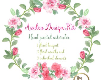 Azalea Flowers Design Kit Azalea Wreaths and bouquets images watercolor hand painted PNG transparent background for blog cards invitations