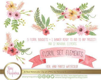 Watercolor Floral Wedding Elements, Clipart, PNG, Vintage Flowers, Frames,  spring, Rustic, arrangement, posies, bouquet, for invitations