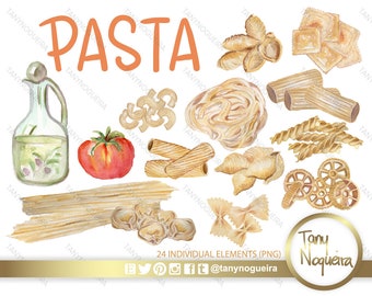 Italian Pasta, olive oil and tomato clip art images watercolor, includes jpg printable wall art  hand painted PNG and JPG for cards or blogs