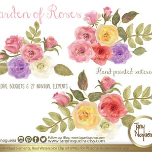 Shabby Chic watercolor Roses, Red, yellow, pink, Peach, vintage flowers, leaves, clip art images, hand painted, PNG, for blog, invitations image 1