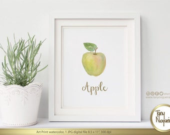 Apple Watercolor Art Printable Print,Interior Design, Home Decor, Kitchen prints, frutal prints, Watercolour art print,