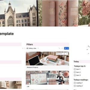 Op de afbeelding: Een computerscherm dat een website-sjabloon voor een promovendus weergeeft. De sjabloon bevat secties voor schoolinformatie, tools en een to-do-lijst. De website heeft een roze en witte kleurschema.