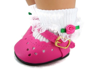 Made to fit 15" Dolls such as American Girl Bitty Baby Bright Pink Dress Shoes & Rosebud Socks