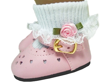 Made to fit 15" Dolls such as American Girl Bitty Baby Pink Dress Shoes & Rosebud Socks