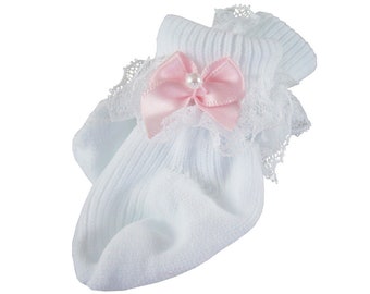 Made to fit 15" Dolls such as Bitty Baby Lace Trimmed Socks with Pink Satin Bow & Pearl