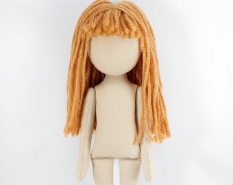 May include: A handmade doll with a beige fabric body and long, orange yarn hair.