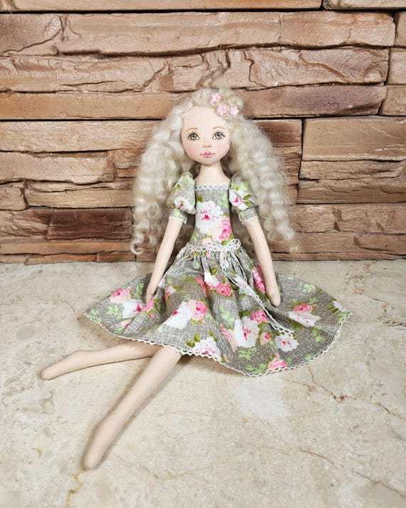 18 inch princess rag doll with long white hair made of goat hair - Main Image