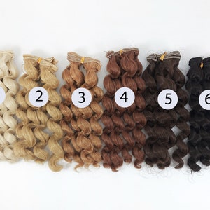 May include: Six wefts of curly doll hair in various shades of blonde, brown, and black. The wefts are numbered 1 through 6.