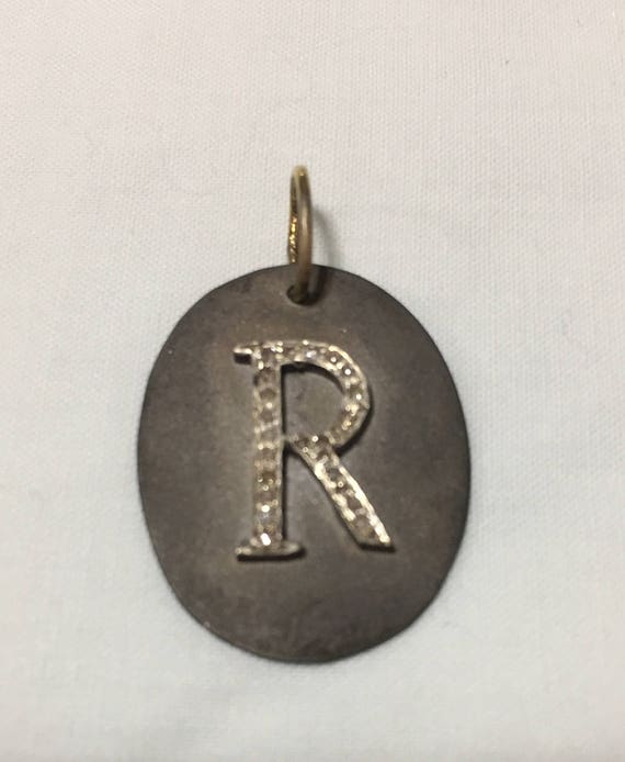 Initial Pendant/Diamond R initial/Blackened Silver
