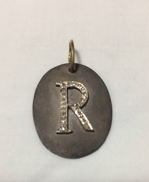 Initial Pendant/Diamond R initial/Blackened Silve… - image 1