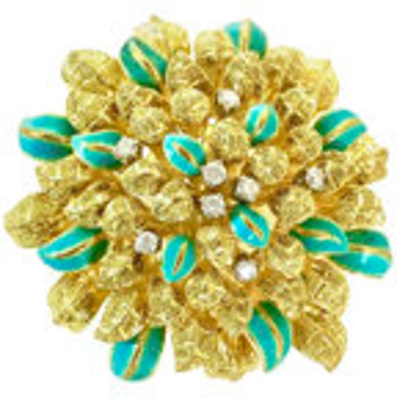 18 Karat Gold Aqua Enameled Handmade Flower, Zinn… - image 2