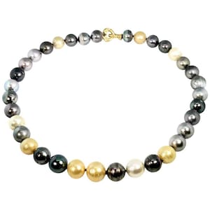 Multicolored Pearl Necklace, Tahitian, South Sea Golden and White 18 Karat Gold