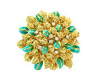 18 Karat Gold Aqua Enameled Handmade Flower, Zinnia Brooch with Loop for Pendant