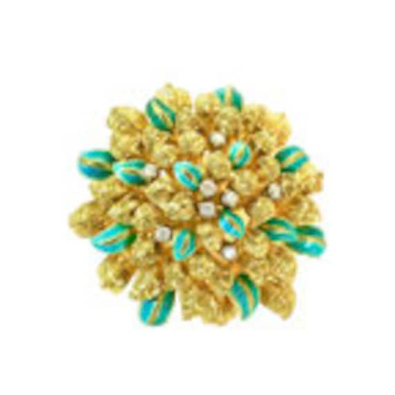 18 Karat Gold Aqua Enameled Handmade Flower, Zinn… - image 1