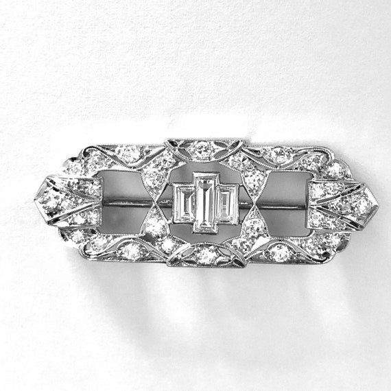 Art Deco Diamond Bar Pin|Platinum Art Deco Brooch - image 6