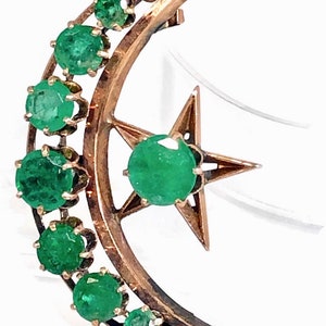 Colgante de media luna victoriano de oro rosa y esmeralda de 10 quilates/esmeralda con piedra natal de mayo/colgante de media luna victoriano de esmeralda con luna y estrella