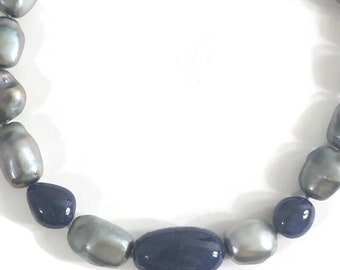 Gray Baroque FWP With Blue Sapphire Beads