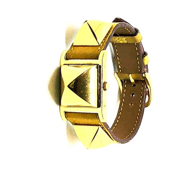 Vintage Hermes Gold Plated Medor Watch With Yellow Leather
