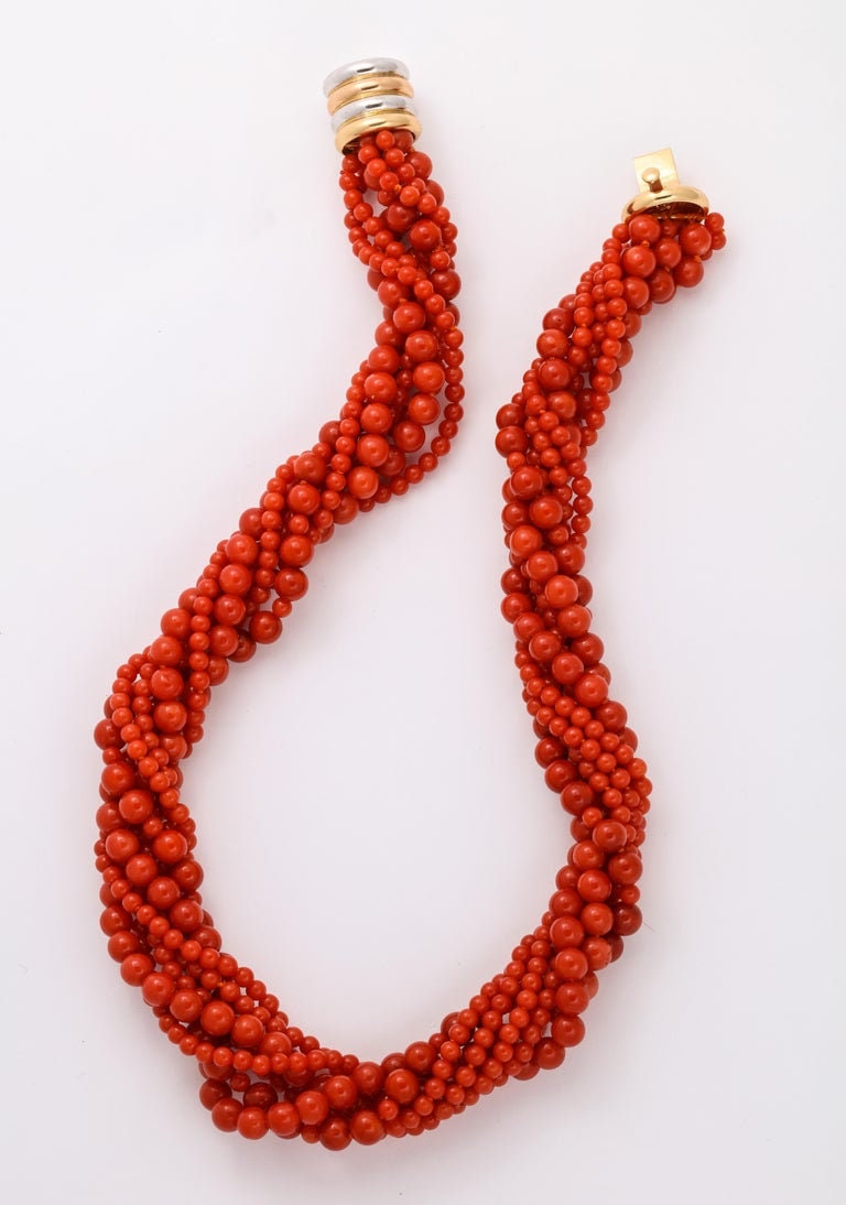 Italian Red Coral 7-strand Necklace With 18k White, Yellow