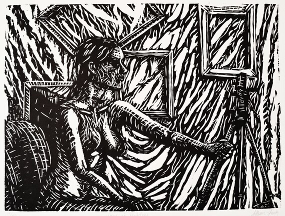 Nagi Kobieta Linoryt Print Dark Art Ramki Do Zdjęć Wall Art Oryginalne Wydruki Czarno Białe Streszczenie Piękna Kobieta