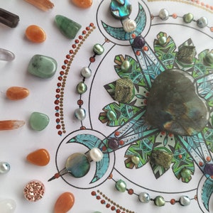 Large Crystal Grid Art: Framed Mandala with Pearls & Quartz